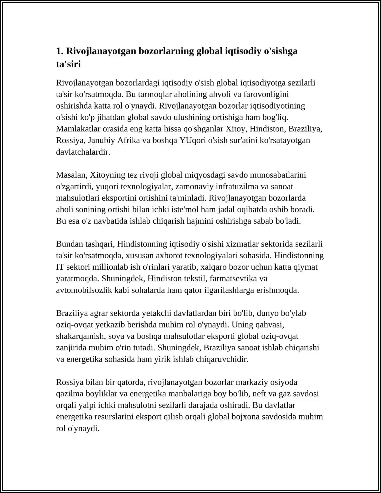 RIVOJLANAYOTGAN BOZORLARNING O’SISHI DUNYOGA TA’SIRI 3