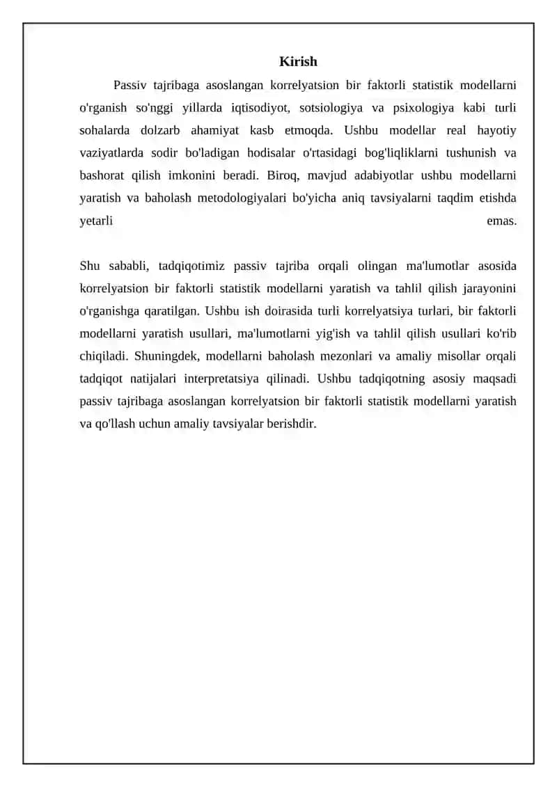 Passiv tajribaga asoslangan korrelyatsion bir faktorli statistik modellar 3