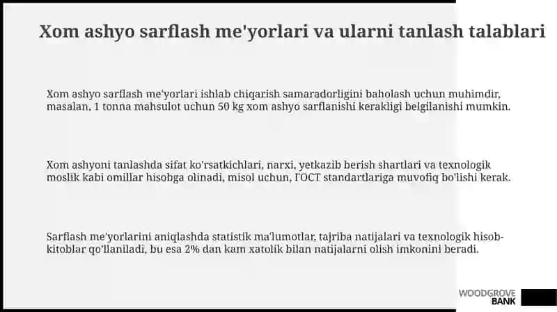 Xom ashyoni sarflash normalari va ularni tanlashda quyiladigan talablar 3