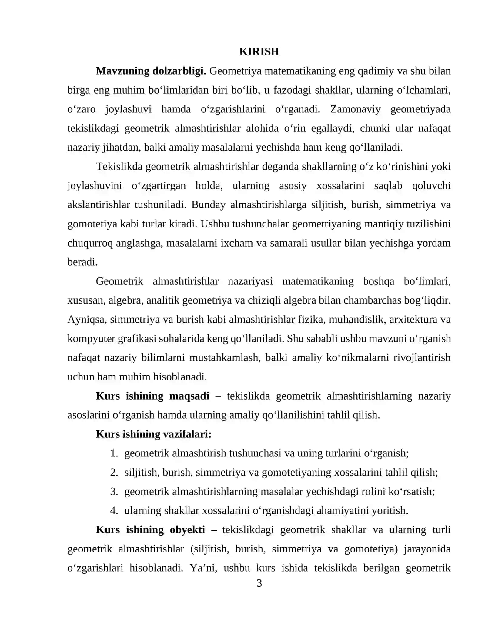 Tekislikda geometrik almashtirishlar va ularning qo‘llanilishi(KURS ISHI) 3