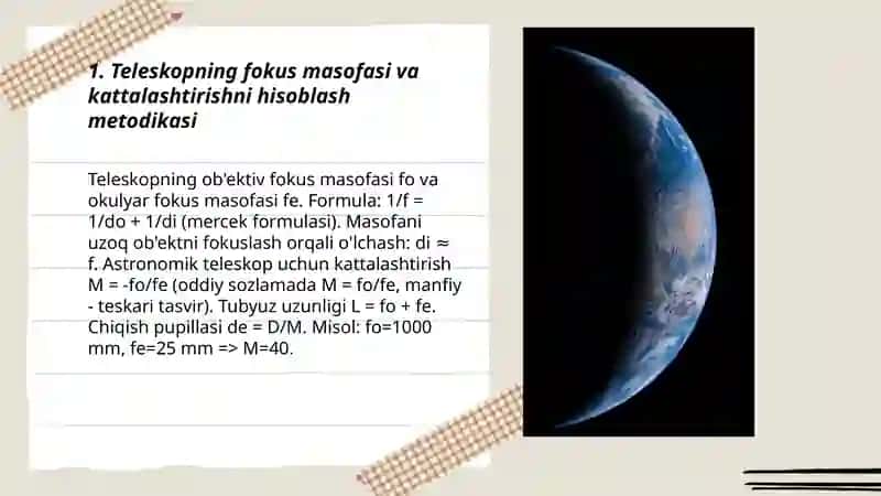 Teleskoplar va ularning harakteriskalari mavzusiga doir masalalar va ularni yechish metodikasi. 3