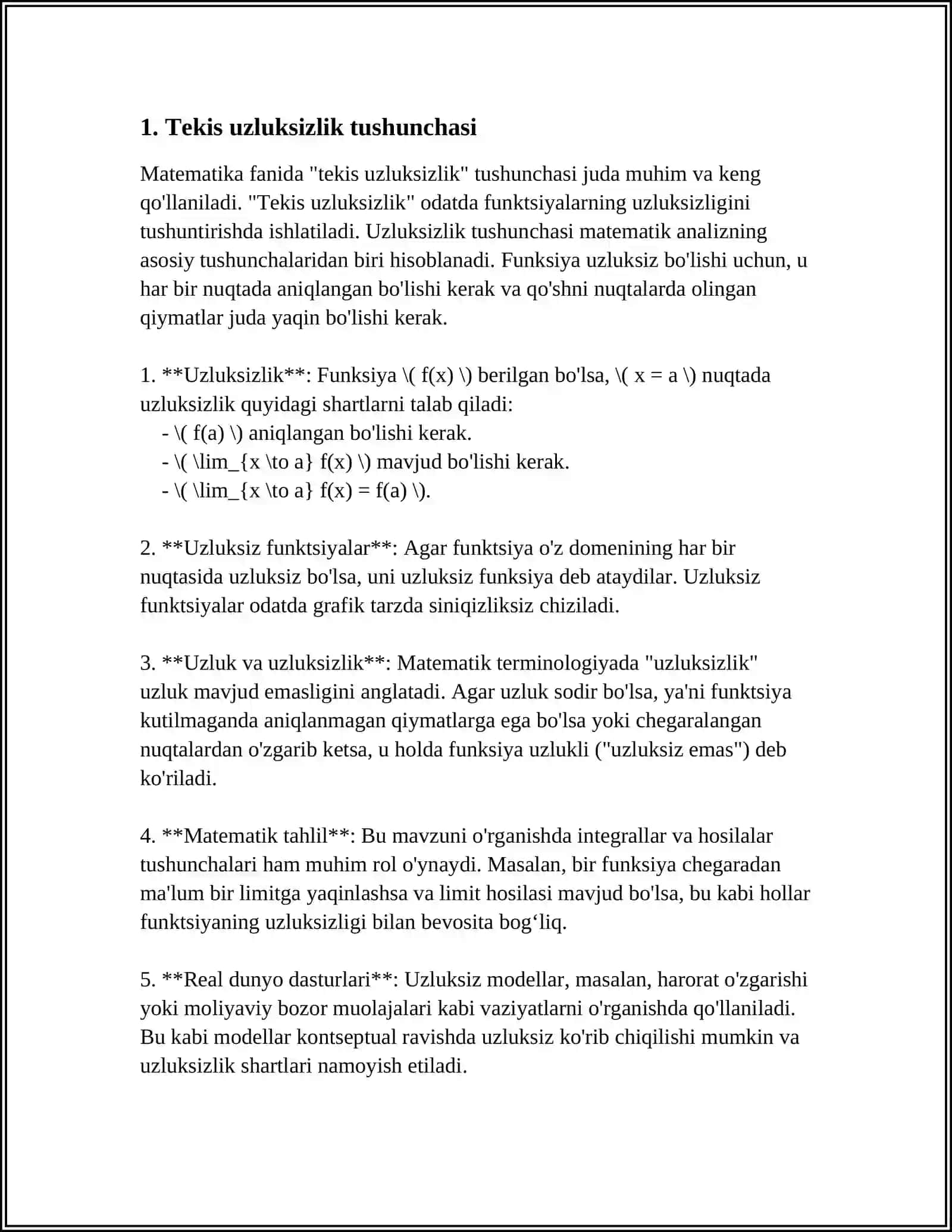 TEKIS UZLUKSIZLIK TUSHUNCHASI.KESMADA UZLUKSIZ BOʻLGAN FUNKSIYANING TEKIS UZLUKSIZLIGI 3