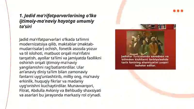 Jadid ma'rifatparvarlarining oʻlka ijtimoiy-ma'naviy hayotda tutgan oʻrni (Munavvarqori Fitrat Abdulla Avloniy Behbudiy) 3