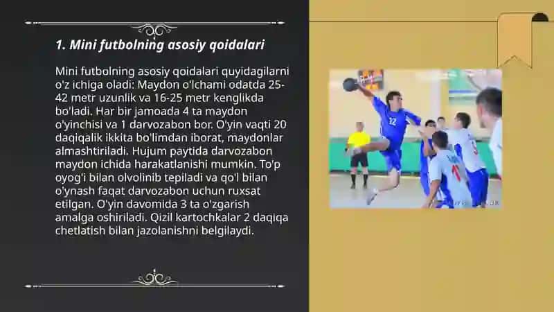 Sport o'yinlari, Mini futbol musobaqa va hakamlik qoidalarini o'rgatish 3