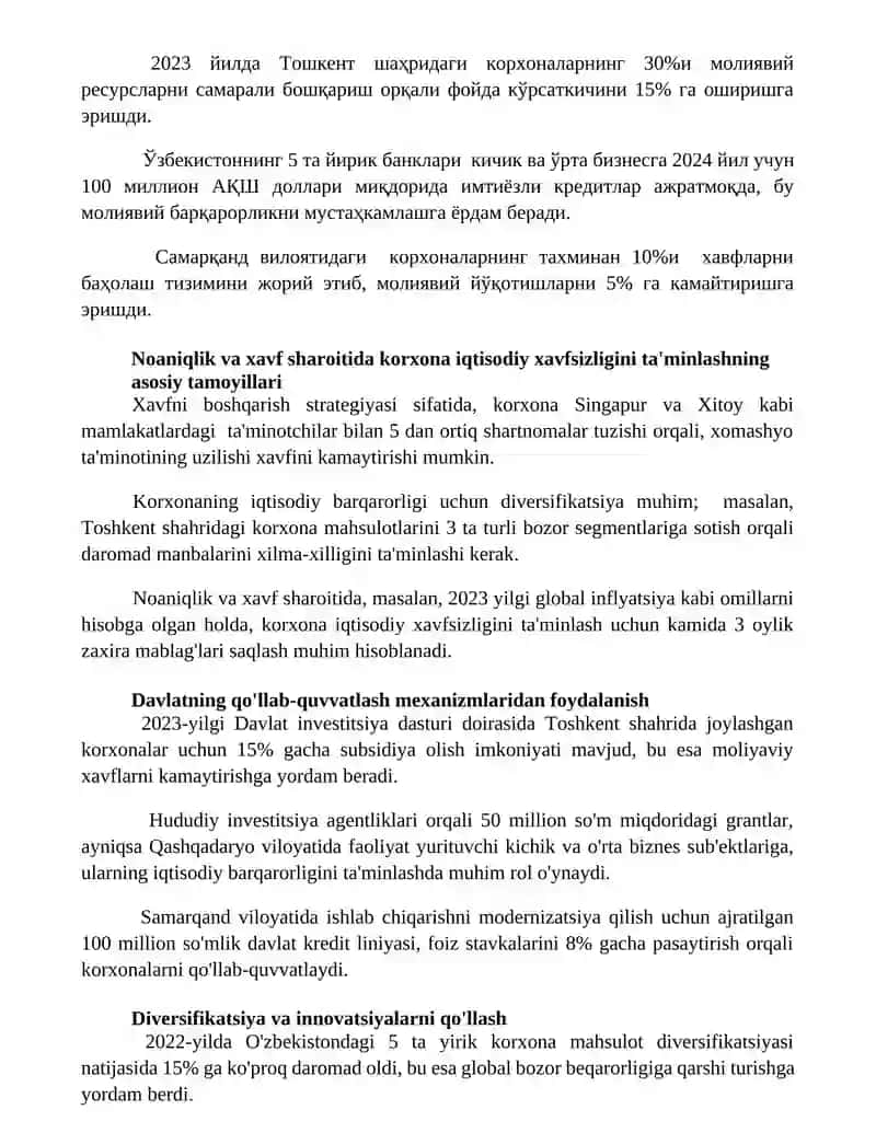 Noaniqlik va xavfor shartlarida korxonaning iqtisodiy xavfsizligini taʼminlash 3