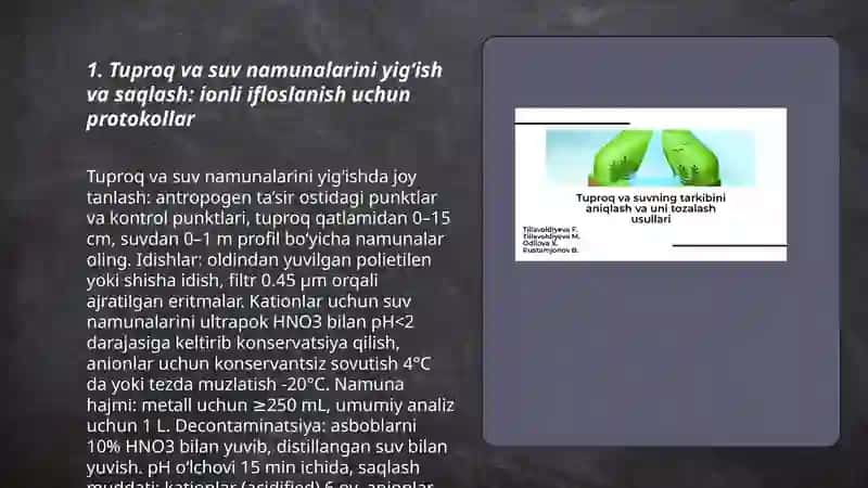 Tuproq va suvda ionli bog’lanishli ifloslanuvchi moddalsrni aniqlash ularni kimyoviy ekologik xavfsiz tozalash usullari 3