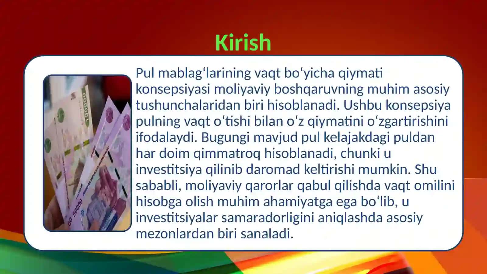Pul mablag'larini vaqt bo'yicha qiymati kansepsiya. 3