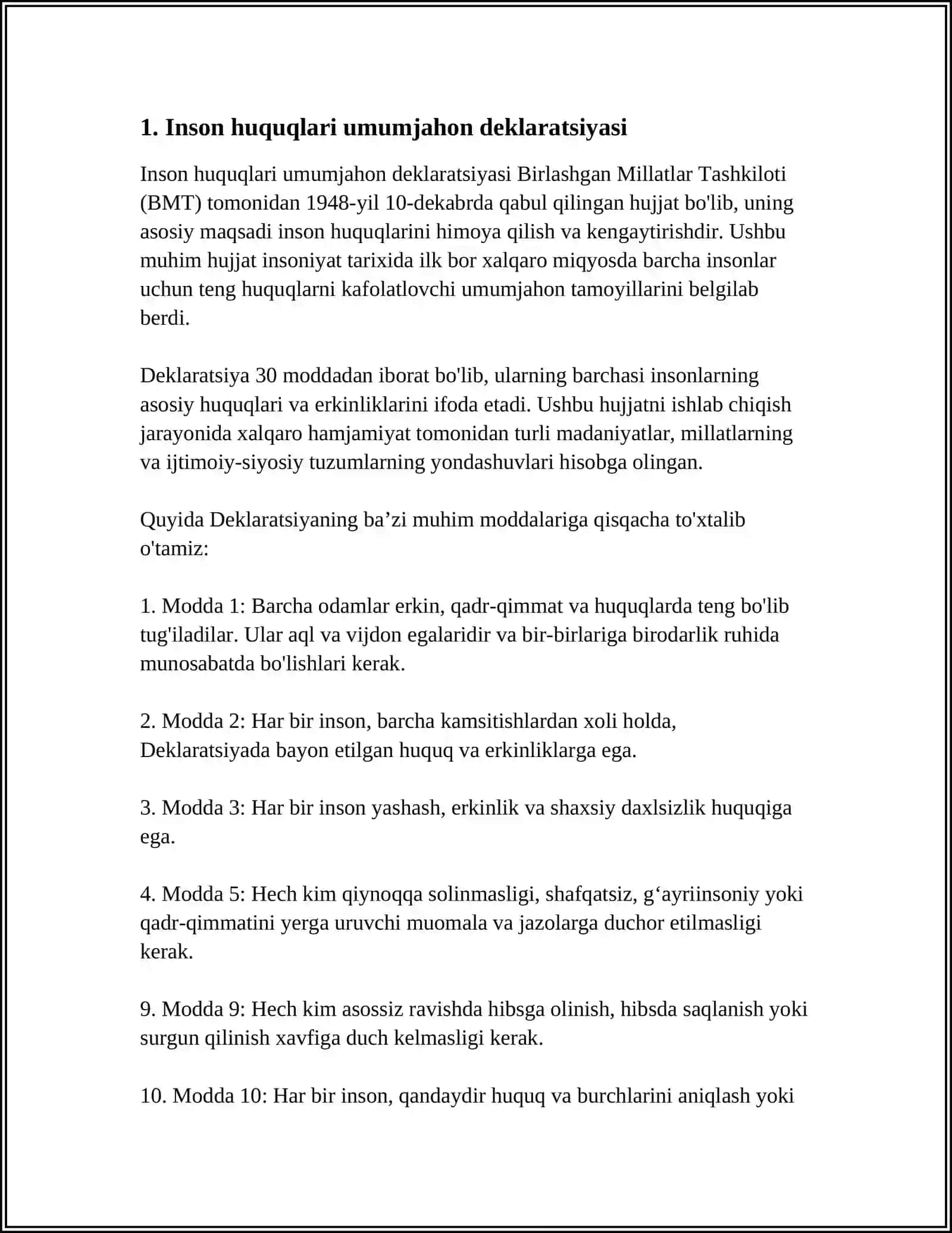 MUSTAQIL ISH Mavzu: INSON HUQUQLARI BOʻYICHA XALQARO STANDARTLAR 3