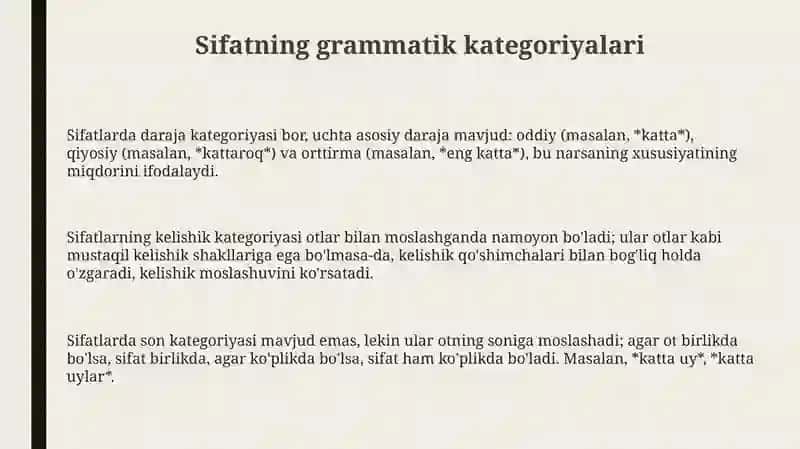 Sifatlarning grammatik kategoriyalari, guruhlarga bo'linishi, rod qo'shimchalari, negizini aniqlash 3