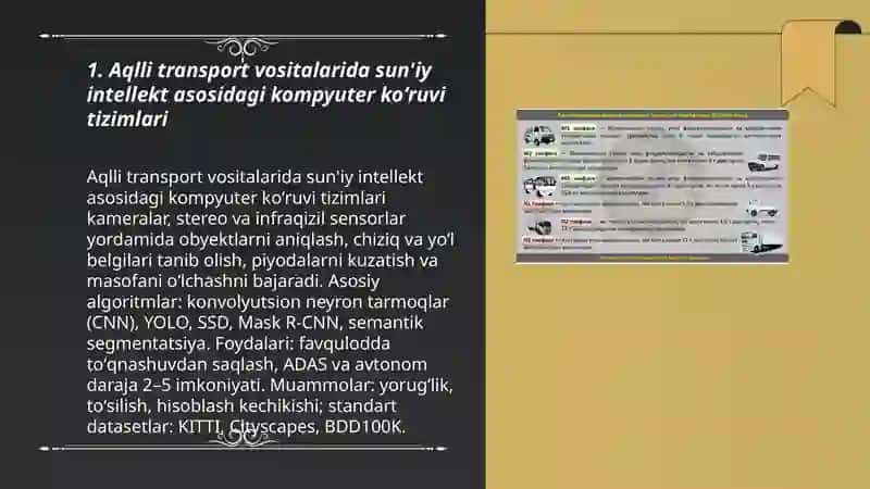 Aqilli transport vositalarida suniy intilektning òrni va iwlatiliwi 3