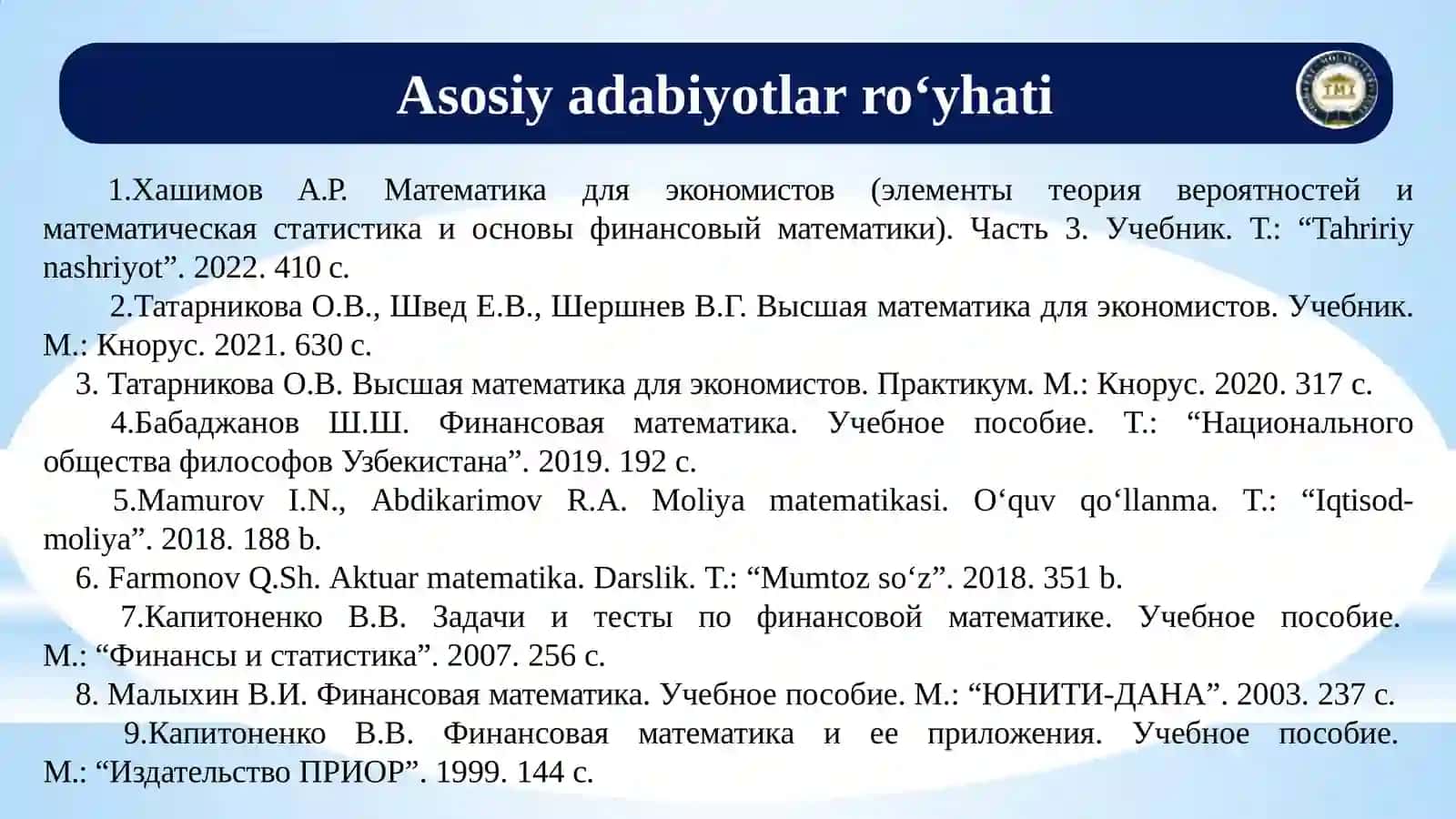 OLIY VA AMALIY MATEMATIKA KAFEDRASI IQTISODCHILAR UCHUN 3