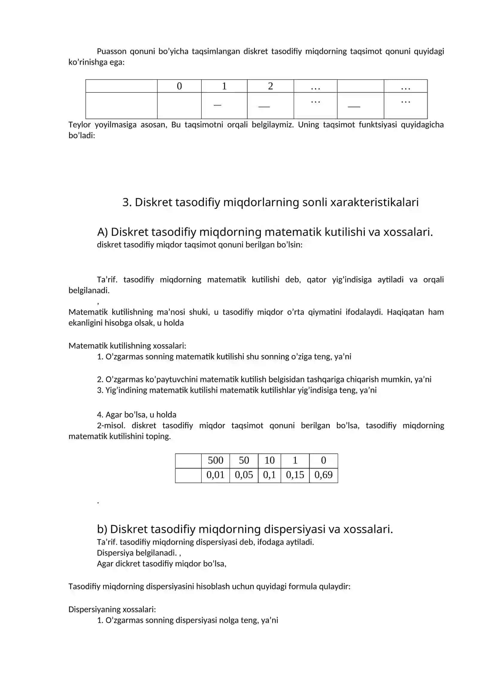 TASODIFIY MIQDORLAR. TAQSIMOT QONUNLARI 3