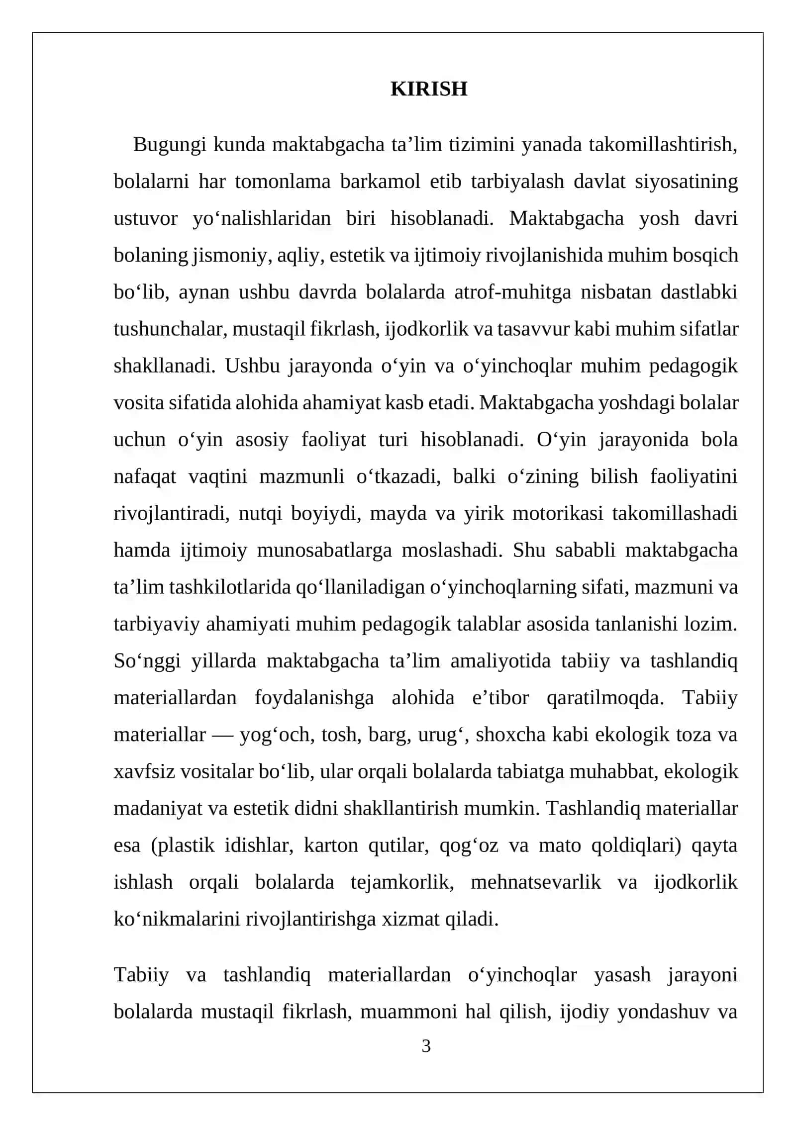 Maktabgacha ta’lim tashkilotlarida tabiiy va tashlandiq materiallardan o'yinchoqlar yasash. Kurs ishi 3