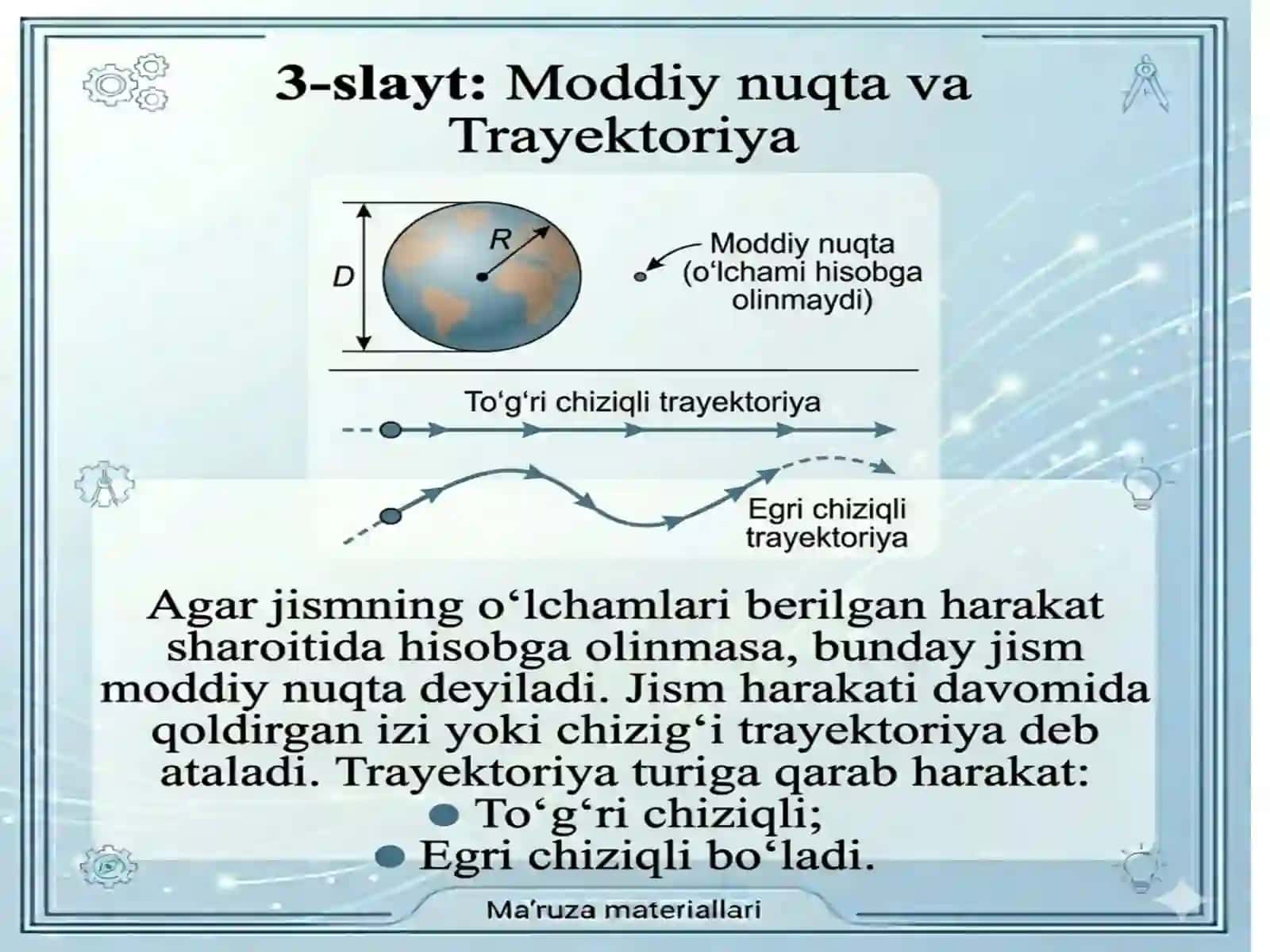 To‘g‘ri chiziqli harakatda tezlik va tezlanish. Egri chiziqli harakatda tezlik va tezlanish. 3