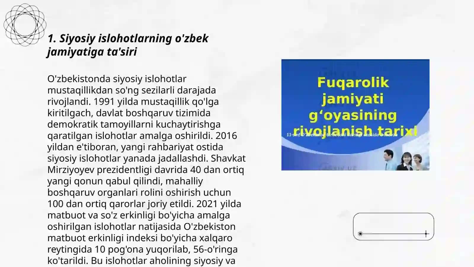 ÓZBEKISTONDA BEMOKRATIK, FUQAROLIK JAMIYAT ASOSLARINING SHAKLLANISHN, AMALGA OSHIRILGAN SIYOSIY ISLOHOTLAR 3