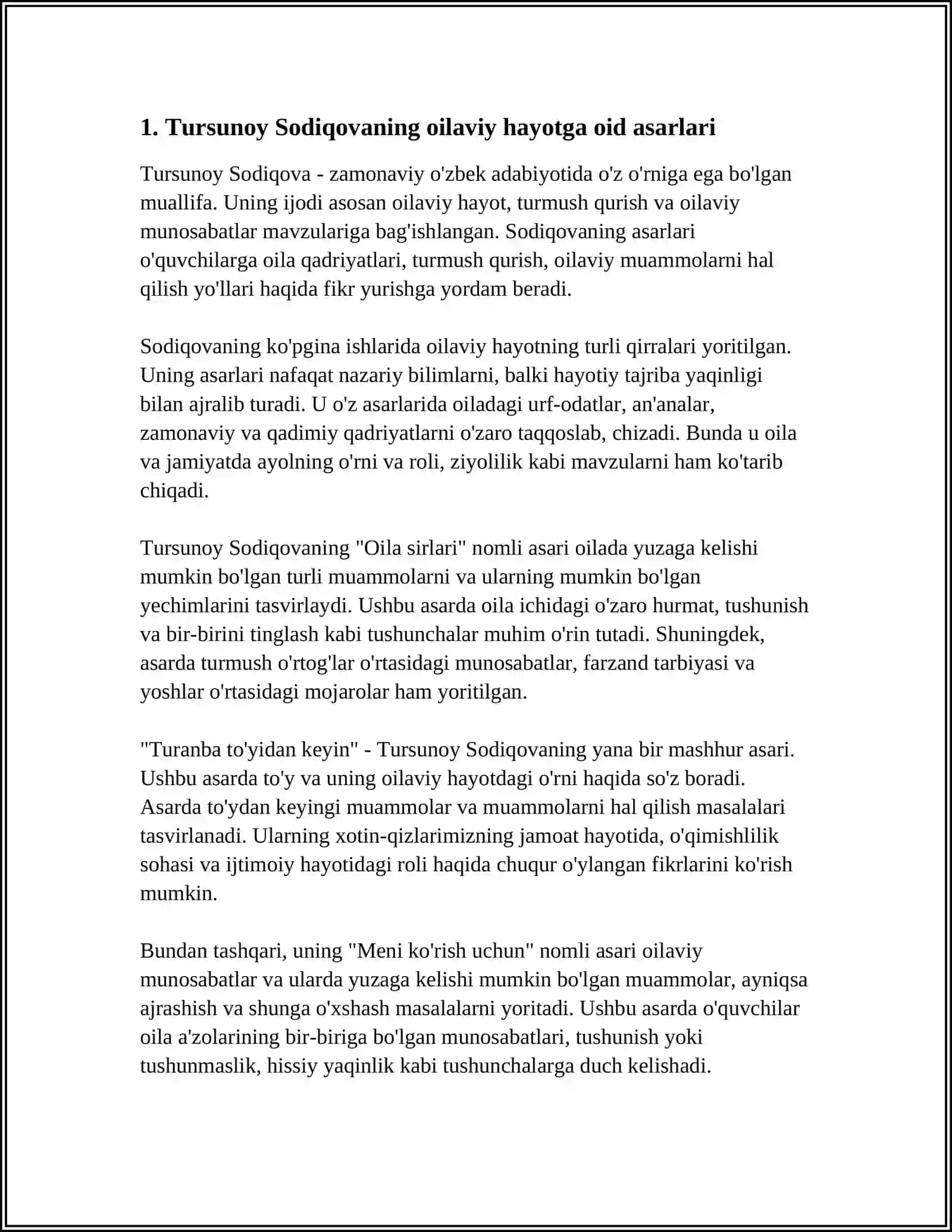 REFERAT Mavzu: TURSUNOY SODIQOVANING ASARLARI ASOSIDA YOSHLARNI OILAVIY HAQIDAGI TASAVVURLARINI SHAKLLANTIRISH 3
