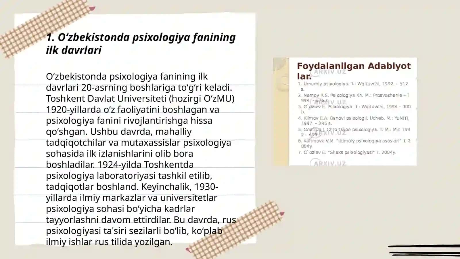 Oʻzbekistonda psixologiya fanining rivojlanish tarixi. Psixologiya taqdiqot metodlari 3
