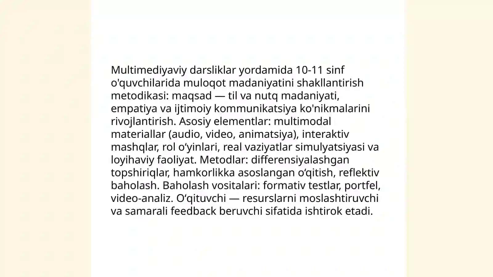 Multimediyaviy darsliklar yordamida muloqot madaniyatini shakllantirish metodikasi (10-11 sinf o'quvchilarida) 3