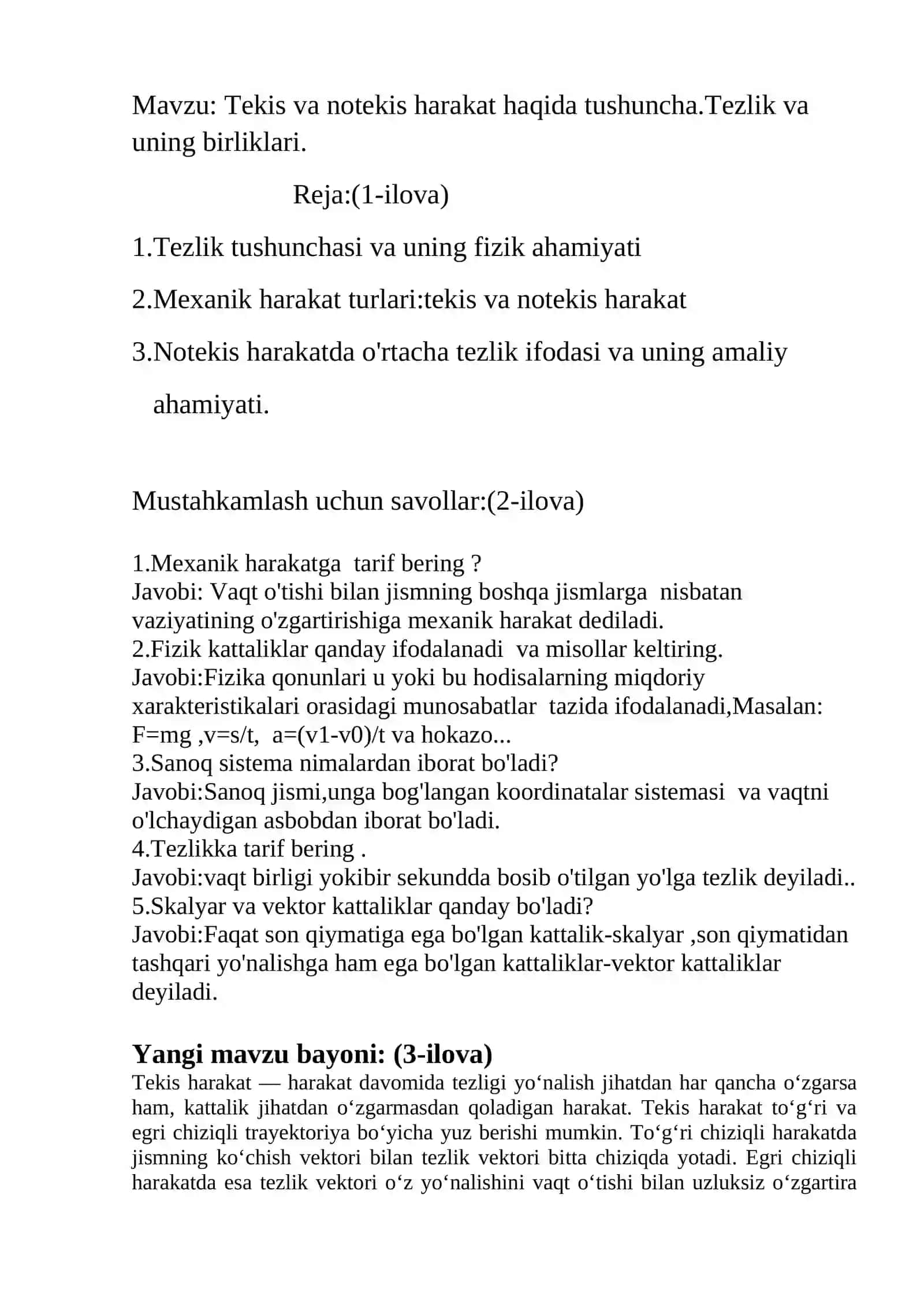 Tekis va notekis harakat haqida tushuncha .Tezlik va uning birliklari mavzusida tayyor dars islanmasi 3
