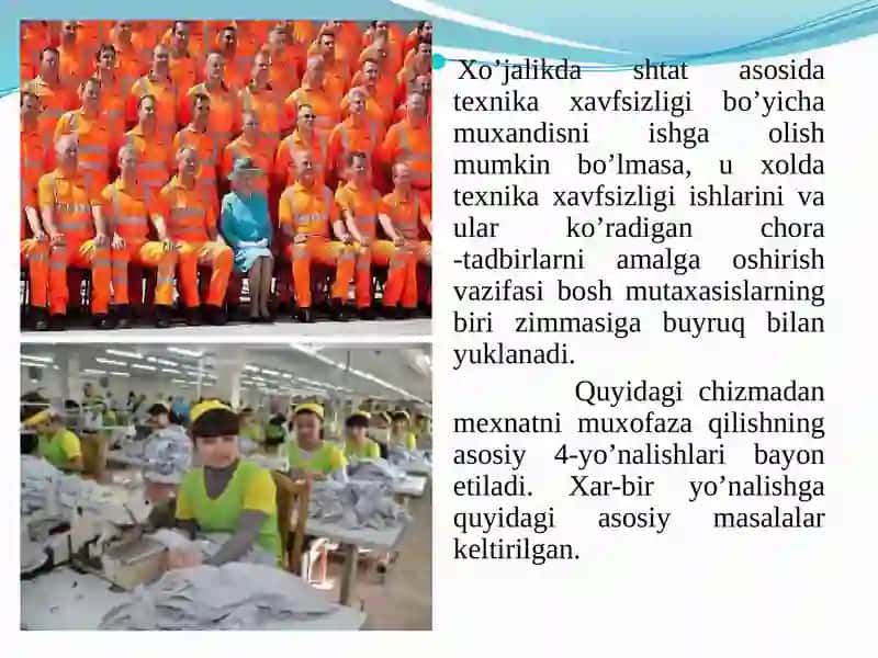Ishlabchiqarish korxonalarida mexnat muxofazasi ishlarini tashkil etish. Ergonomika va xavfsizlikni boshqarish 3
