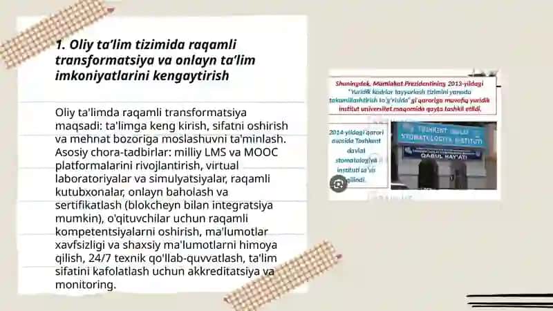 Oʻzbekiston Respublikaida Oliy taʼlim va undan keyingi taʼlimning takomillashtirilishi 3