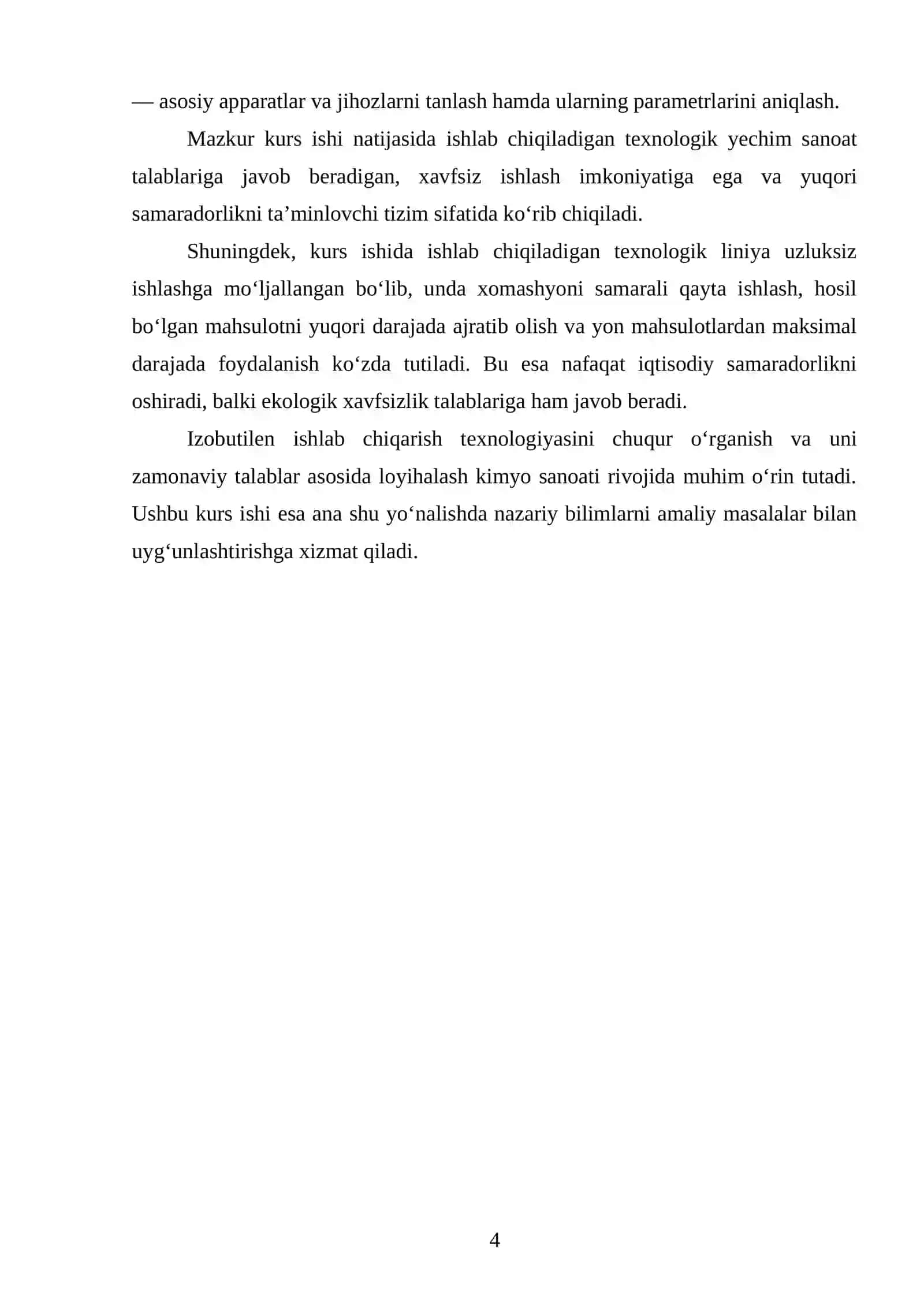 Ish unumdorligi Q=3000 t/yil bo‘lgan izobutilen ishlab chiqaradigan texnologik liniyasini loyihalash. 3