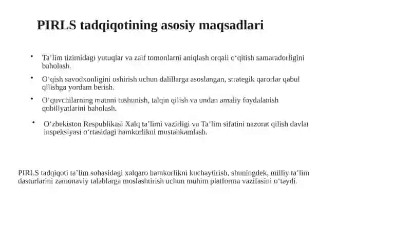 PIRLS tadqiqotlarida haqida umumiy maʼlumot. PIRLS tadqiqoti doirasida matnlarning topshiriqlarini baholash boʻyicha tavsiya etilgan namunaviy yoʻriqnoma bilam ishlash. 3
