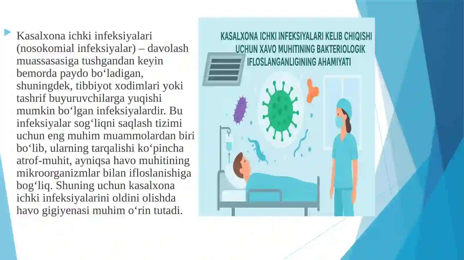 Kasalxona ichki infeksiyalarini kelib chiqishi uchun havo muhitining bakteriologik ifloslanganligini 3