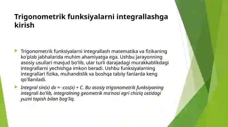 Trigonometrik va ba'zi irratsional funksiyalarni integrallash. 3