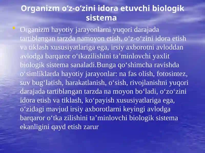 Hayotning organizm darajasi va uning o’ziga xos jihatlari.Organizmlarning ko’payishi. Jinssiz ko’payish. Jinsli ko’payish. Ontogenez. 3