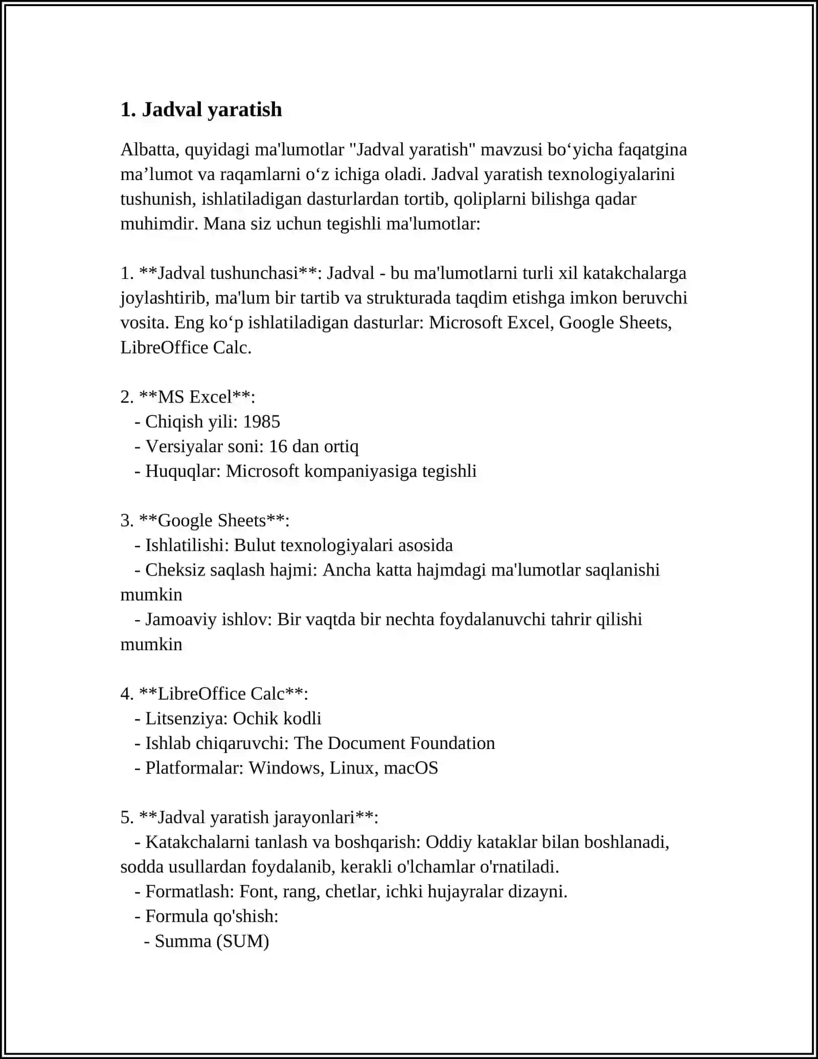 MS WORD DASTURIDA JADVALLAR BILAN ISHLASH 3