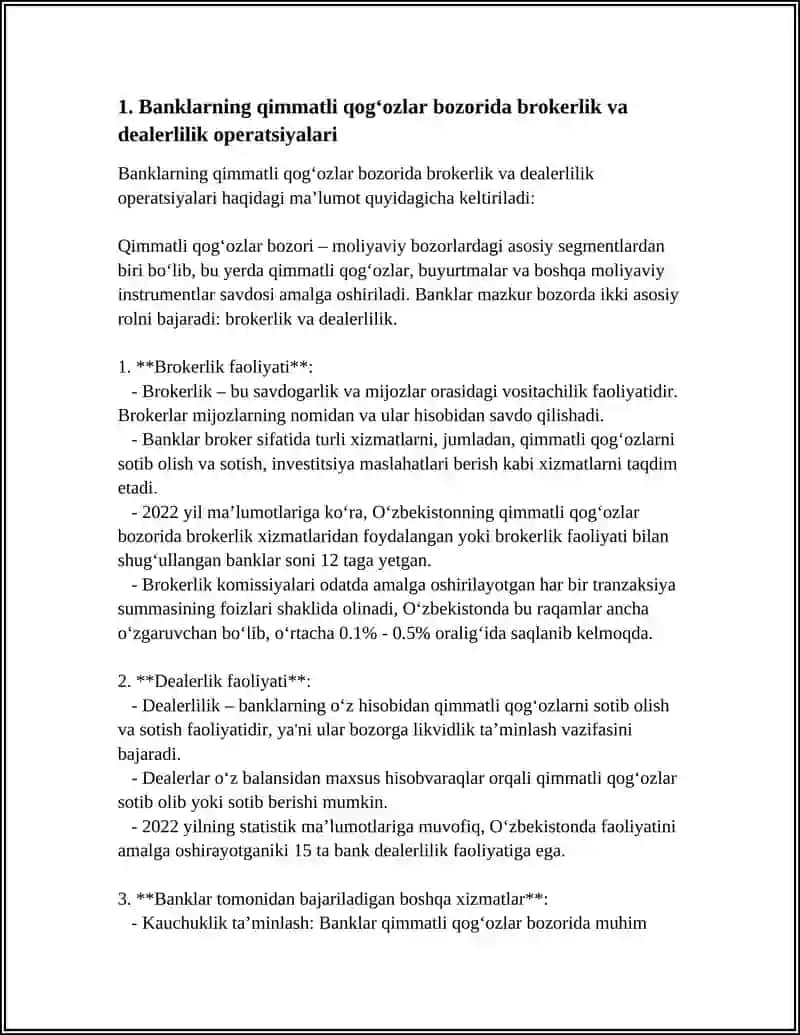 QIMMATLI QOG'OZLAR BOZORIDAGI BANKLARNING OPERATSIYALARI MAZMUNI 3
