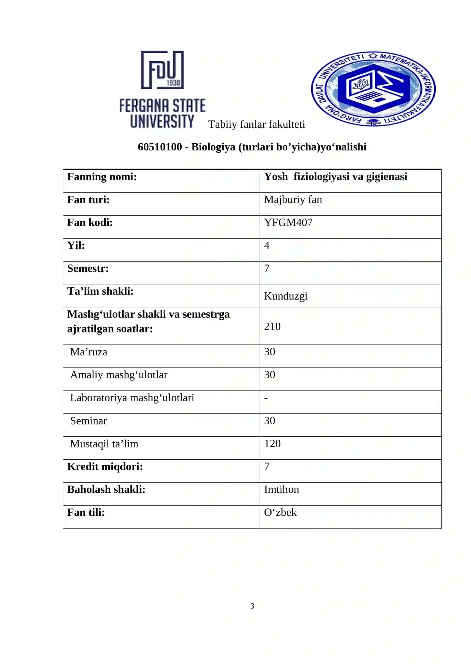 Yosh Fiziologiyasi va Gigiienasi Fanidan Mustaqil Ta'lim Topshiriqlari 3