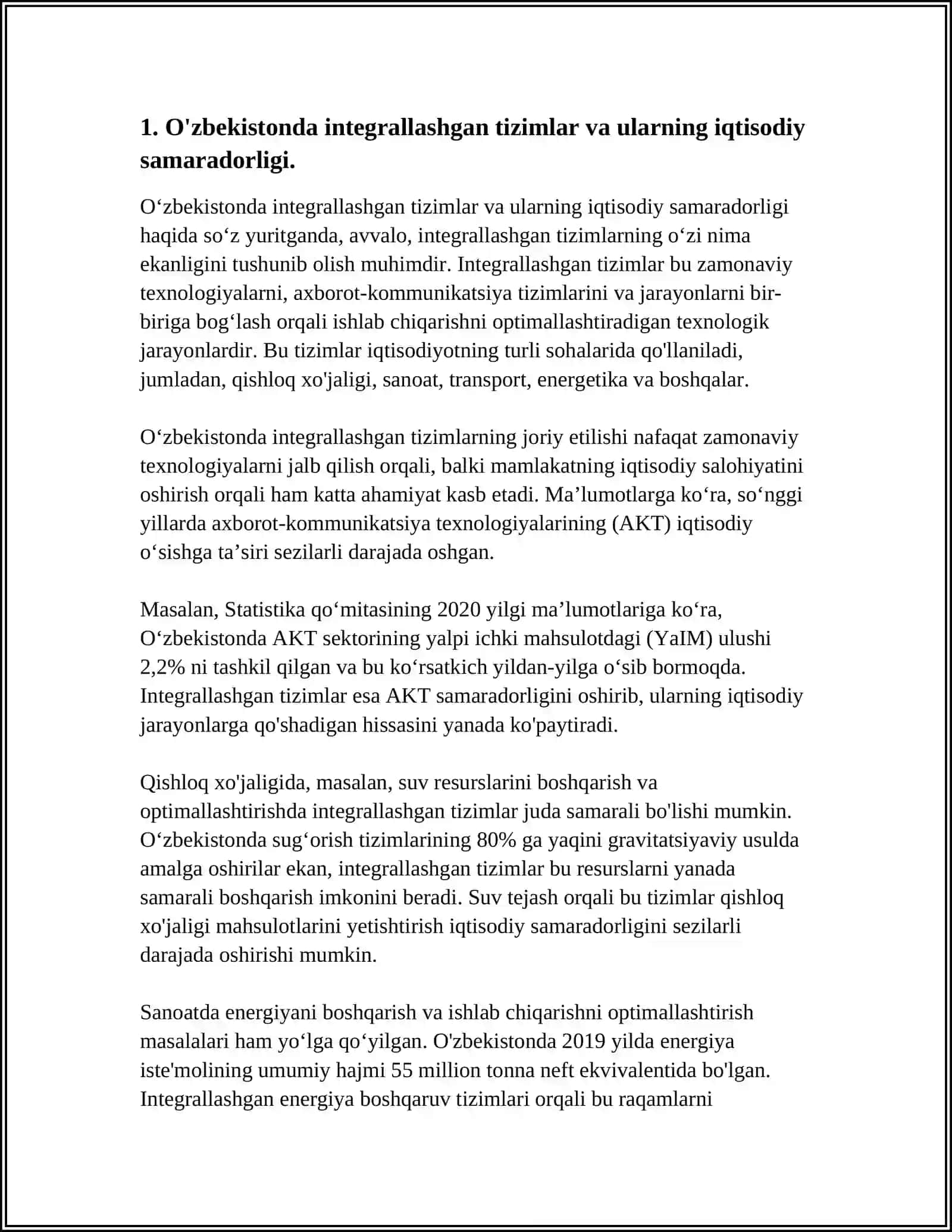 O'ZBEKISTONDA O'ZARO INTEGRALLASHGANDAN TIZIMLARNING IQTISODIY SAMARADORLIGI 3