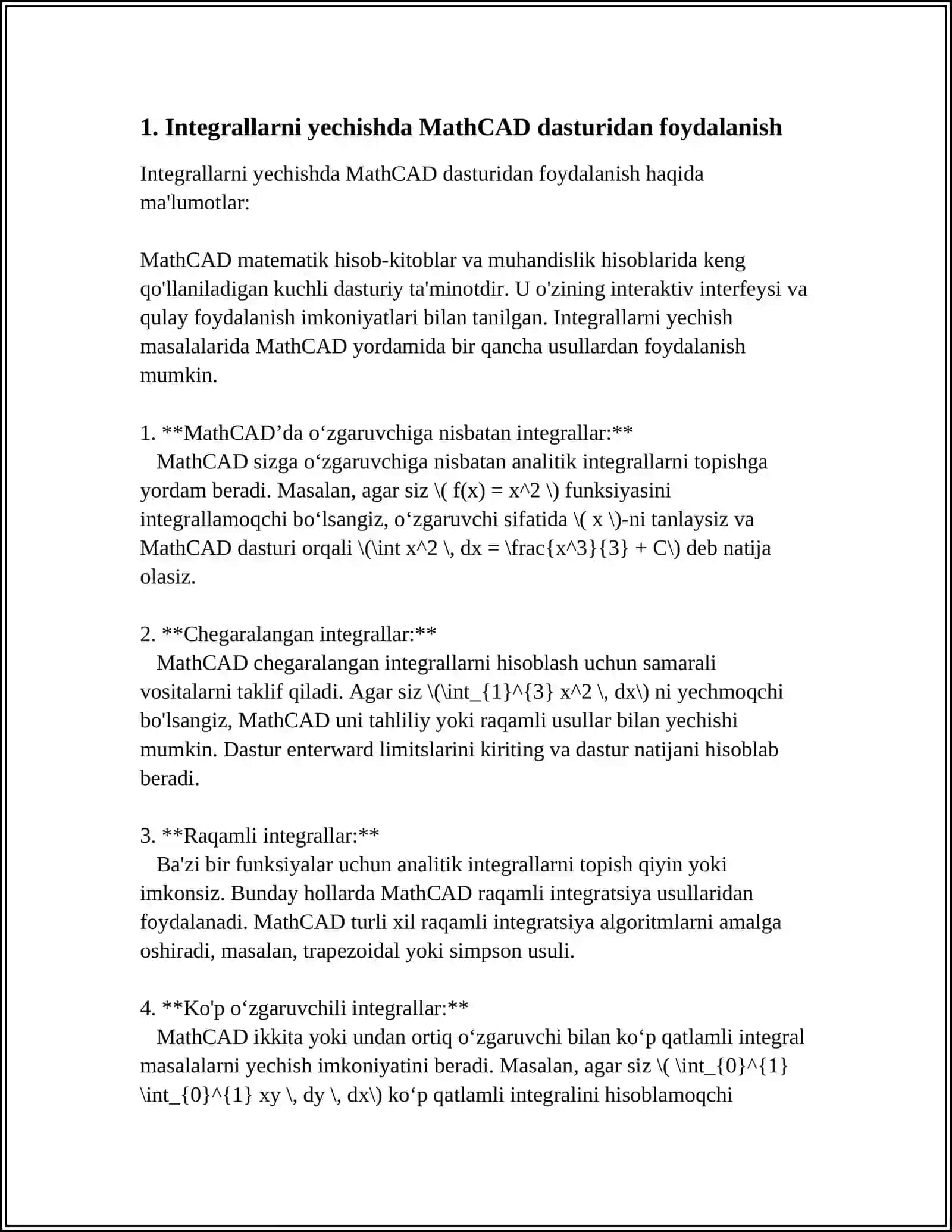 MathCAD INTEGRALLASHGAN SOHASIDA MUHANDISLIK MASALALARINI YECHISH 3