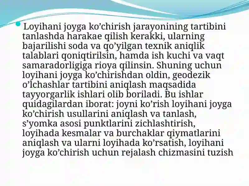 Teodolit yo’lo’tkazish bo’yicha loyihani joyga ko’chirishda geodezik qiymatlarni tayyorlash 3