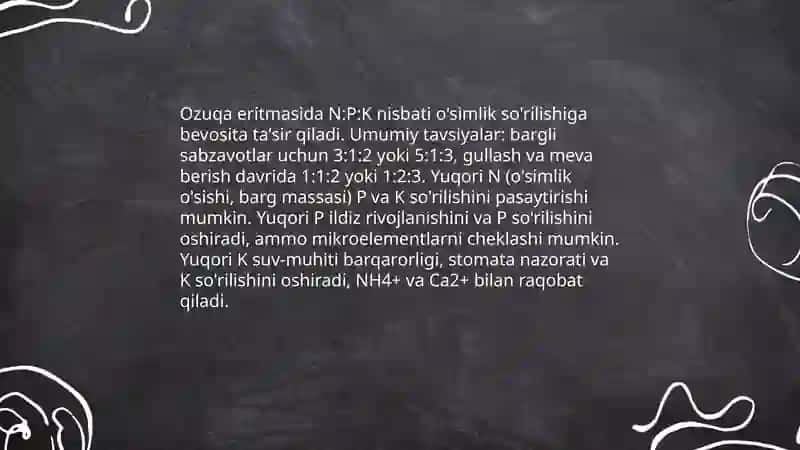 Ozuqa eritmasida makro va mikro elementlar nisbati va ularni o'simliklar tomonidan tahlil qilish 3