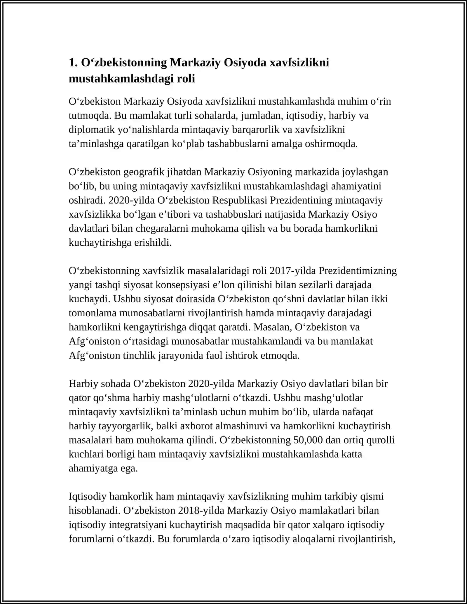 O‘ZBEKISTONNING MARKAZIY OSIYODA TINCHLIK VA BARQARORLIKNI TAMINLASHDAGI O’RNI 3