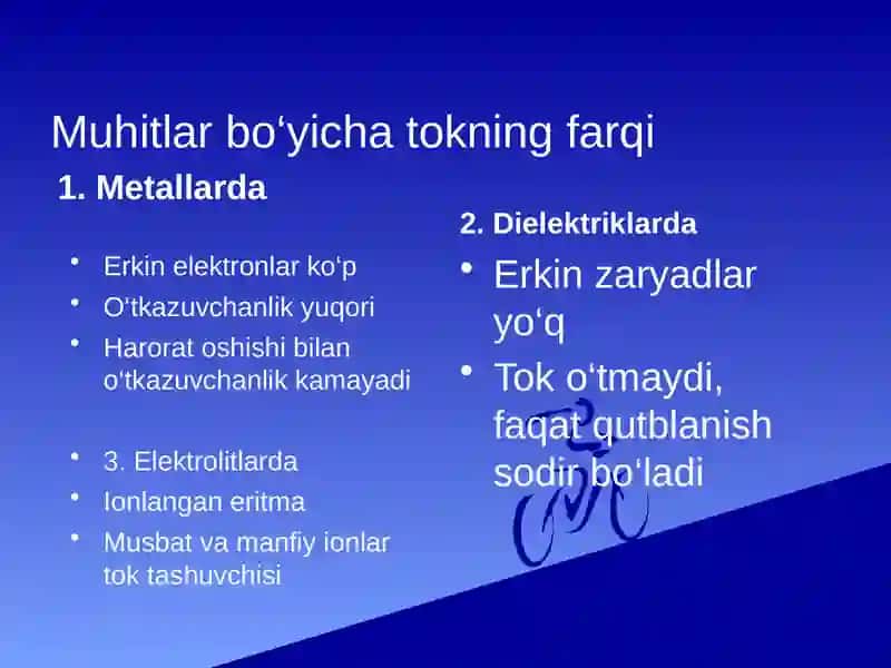 Elektr tokining turli muhitdagi tabiati. Dielektriklar. Elektrolitlar. Elektr oʻtkazuvchanlik 3