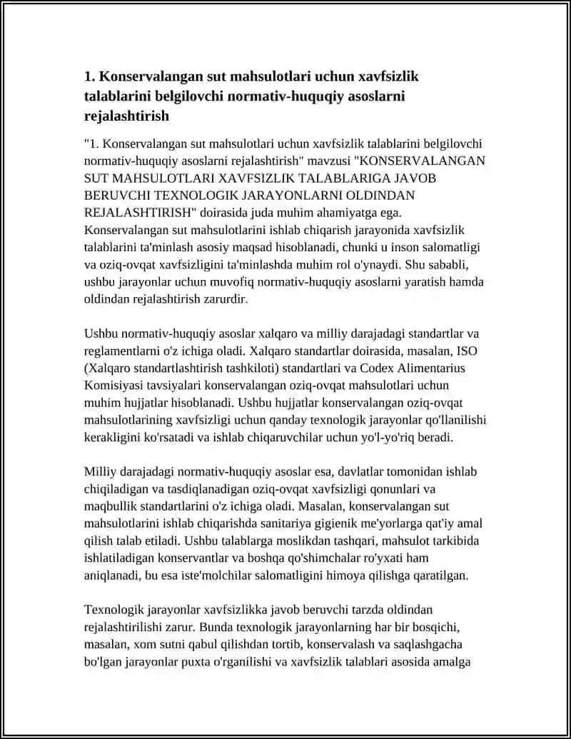 KONSERVALANGAN SUT MAHSULOTLARI XAVFSIZLIK TALABLARIGA JAVOB BERUVCHI TEXNOLOGIK JARAYONLARNI OLDINDAN REJALASHTIRISH 3