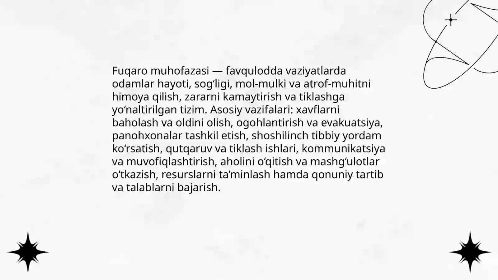Favqulodda vaziyatlarda fuqari muhofazasining vazifalari.Favquloda vaziyatlarda ogohlantirush va xarakat qilish davlat tizimi 3