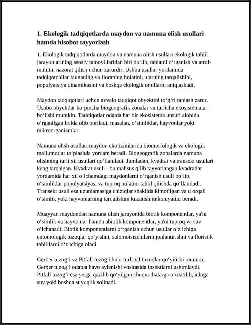 EKOLOGIK, ENTOMOLOGIK VA IXTIOLOGIK TADQIQOT USULLARINI O‘RGANISH HAMDA AMALIY ISHLAR BO‘YICHA HISOBOT TAYYORLASH 3