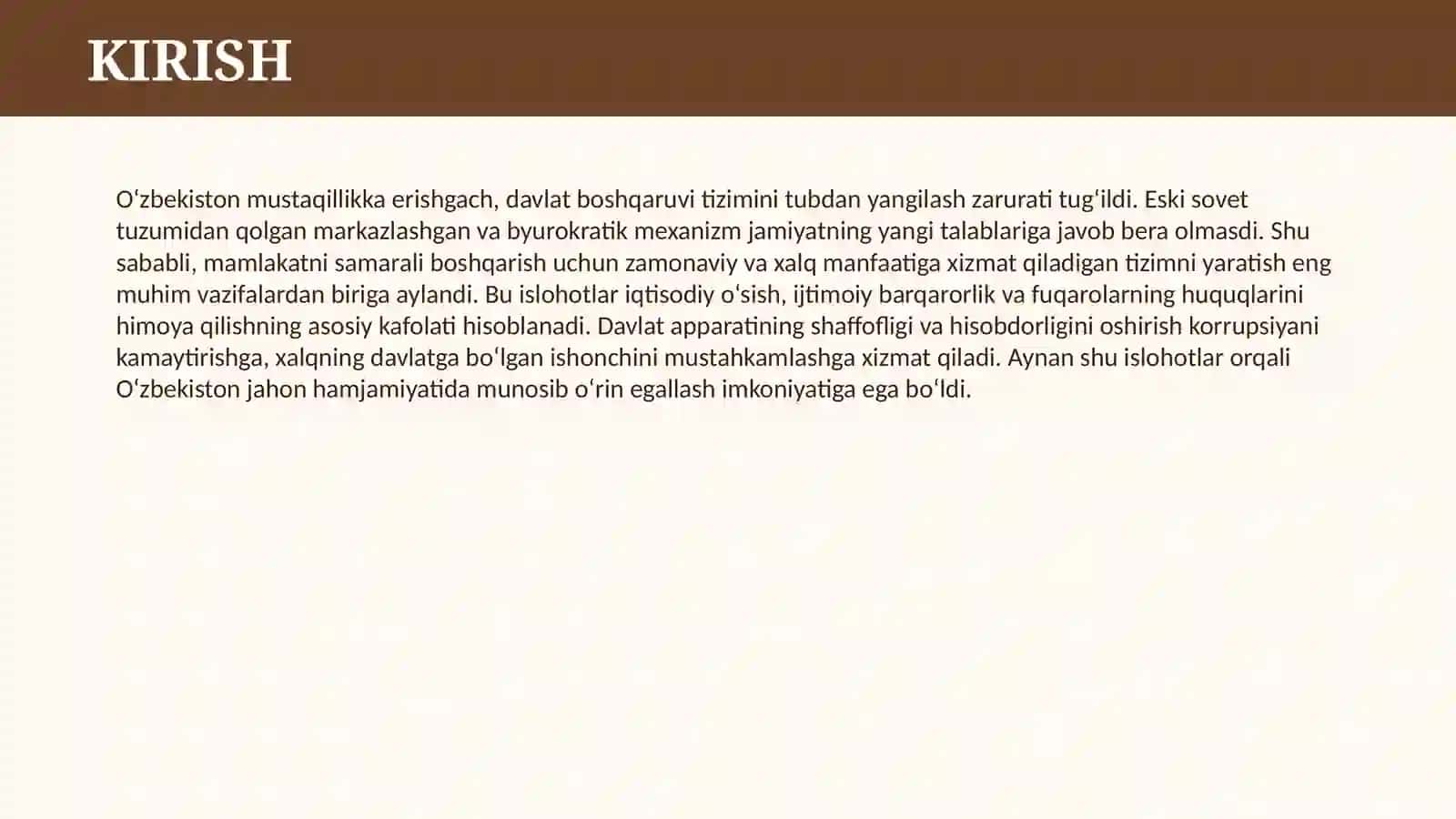 MUSTAQILLIK YILLARIDA DAVLAT BOSHQARUVI TIZIMIDA AMALGA OSHIRILADIGAN ISLOHATLAR 3