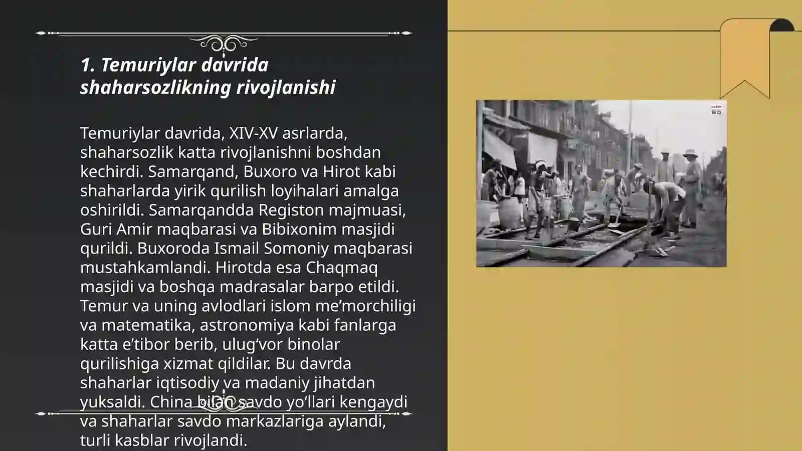 O‘rta Osiyoning XIV asrning 60-yillari-XV asrdagi shaharsozligi va me’morchiligidagi rivoji 3