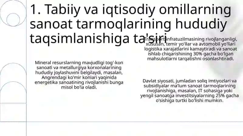 Mineral resurslarning mavjudligi tog'-kon sanoati va metallurgiya korxonalarining hududiy joylanishi va rivojlanishi 3