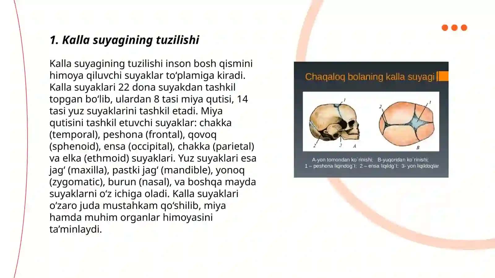 Kalla suyagi yoshga qarab o'zgarishi xususiyatlari. Kalla suyagining jinsga nisbatan farqi 3