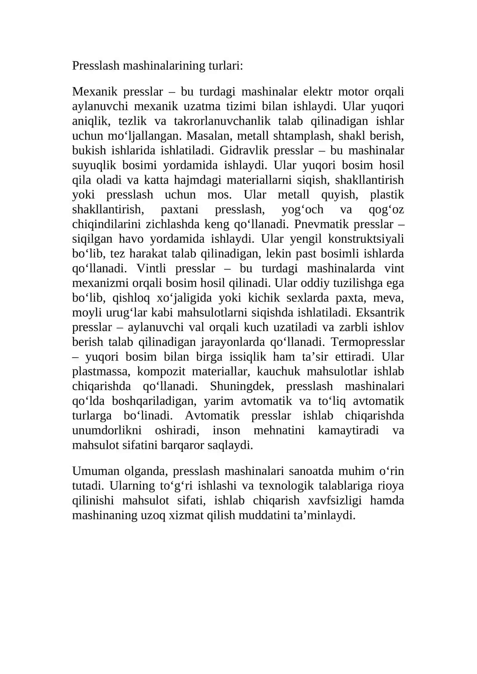 Presslash mashinalariga qo'yiladigan texnologik talablar va ularning turlari 3