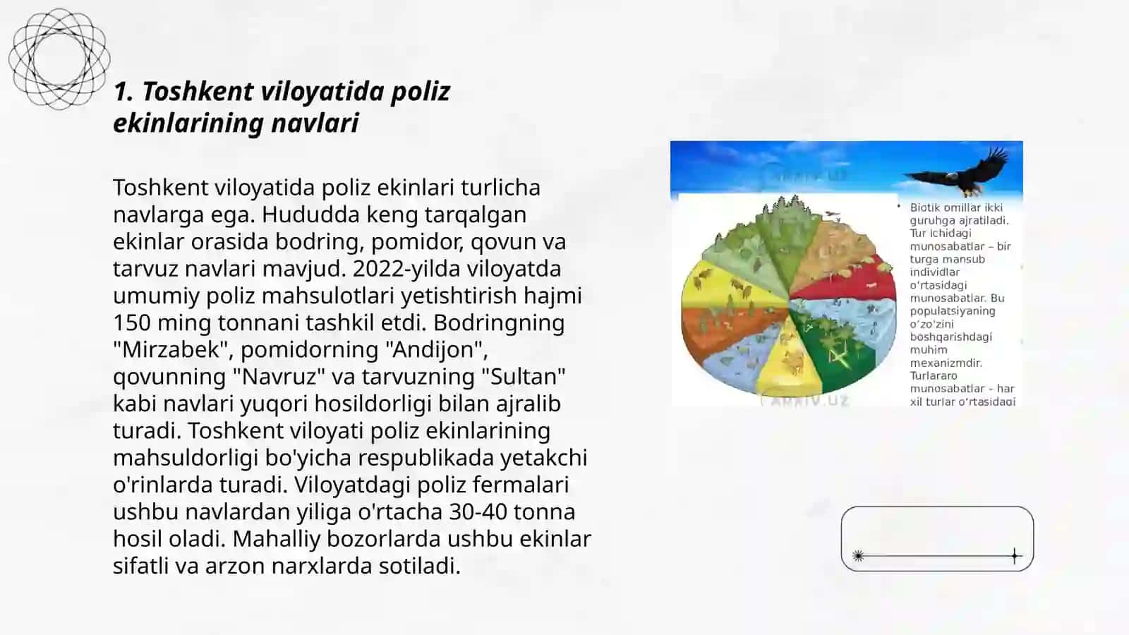 Oʻzbekistonning turli ekologik xududlarida rayonlashtirilgan poliz ekinlarining navlari, ularning oʻziga xos xususiyatlari 3