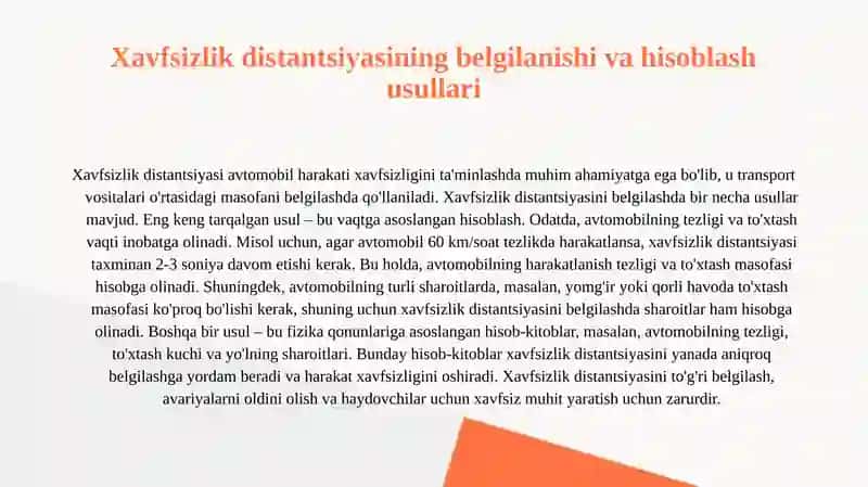 Avtomobilning harakatlanish dinamik koridori va xavfsizlik distantsiyasi 3