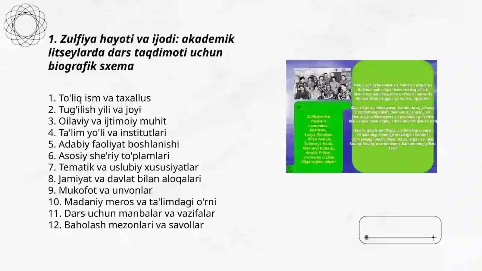 Akademik litseylarda shoira Zulfiya hayoti va ijodini oʻrganishga qaratilgan dars taqdimoti 3